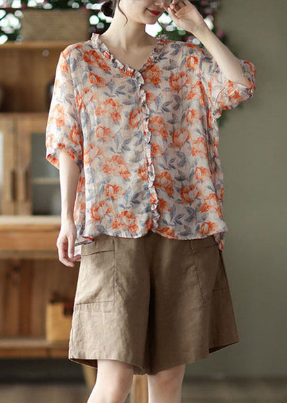 Orange Ruffled Print Patchwork Linen Blouses Summer
