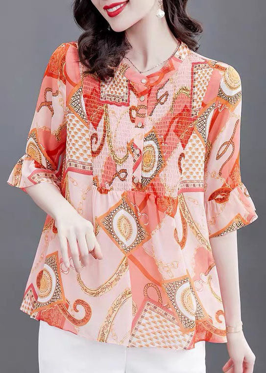 Orange Stand Collar Print Patchwork Chiffon Blouses Flare Sleeve