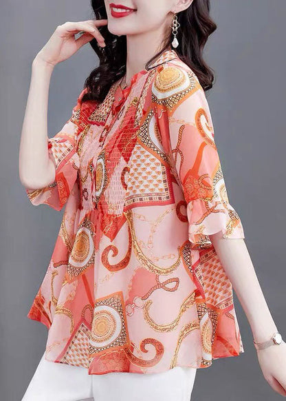 Orange Stand Collar Print Patchwork Chiffon Blouses Flare Sleeve