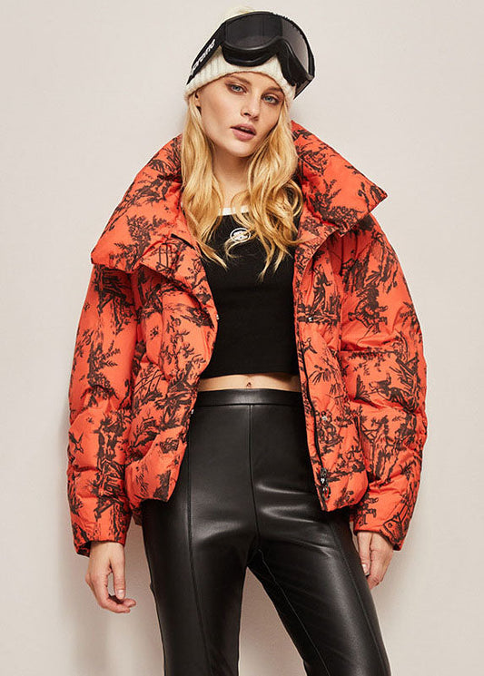 Orange Stand Collar Zip Up Print Duck Down Jackets Winter