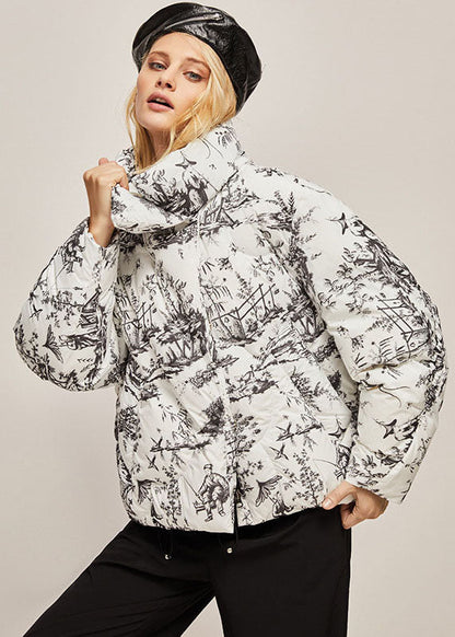 Orange Stand Collar Zip Up Print Duck Down Jackets Winter