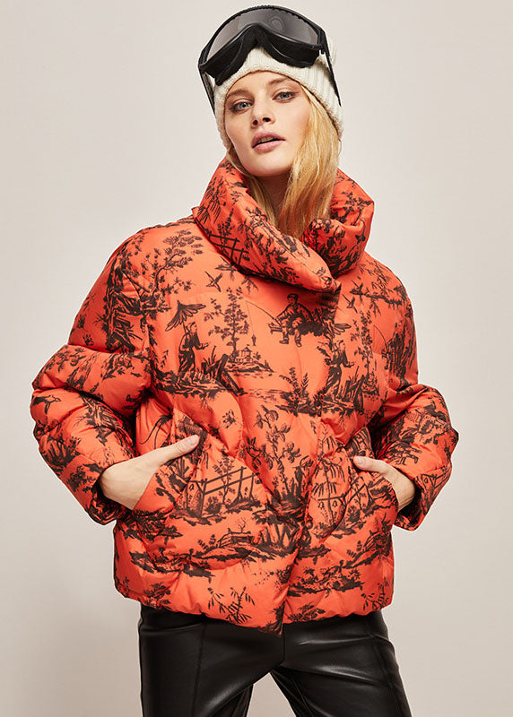 Orange Stand Collar Zip Up Print Duck Down Jackets Winter