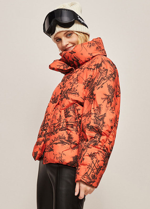 Orange Stand Collar Zip Up Print Duck Down Jackets Winter