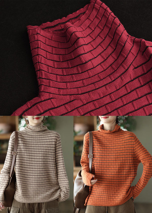Orange Turtle Neck Striped Knit Sweaters Winter