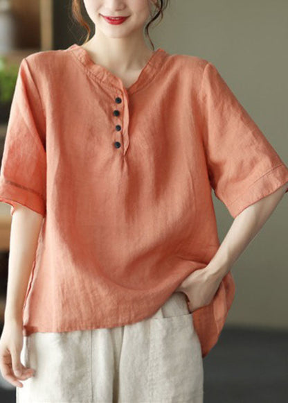 Orange V Neck Button Cotton Shirt Half Sleeve