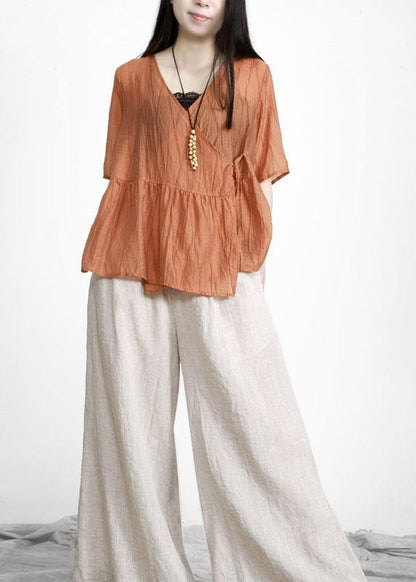 Orange V Neck Patchwork Linen Top