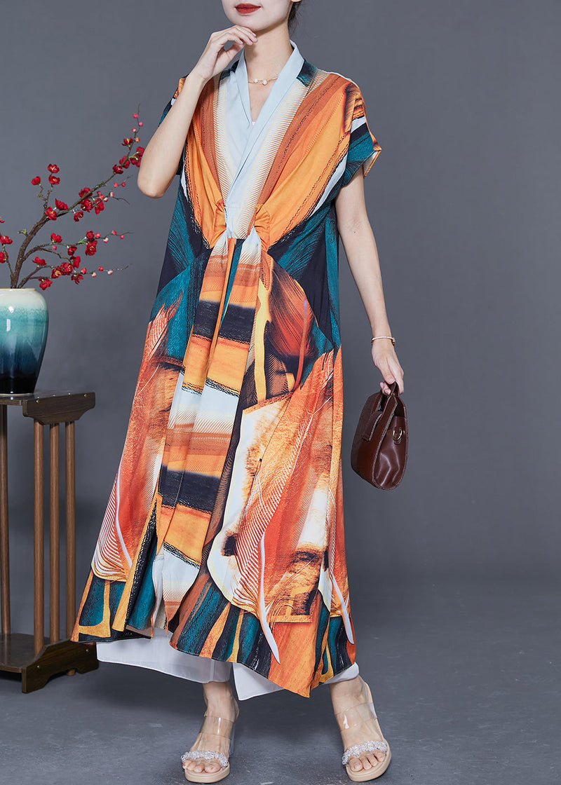 Orange V Neck Print Chiffon Robe Dresses Summer