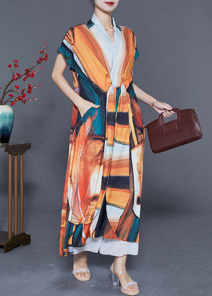 Orange V Neck Print Chiffon Robe Dresses Summer