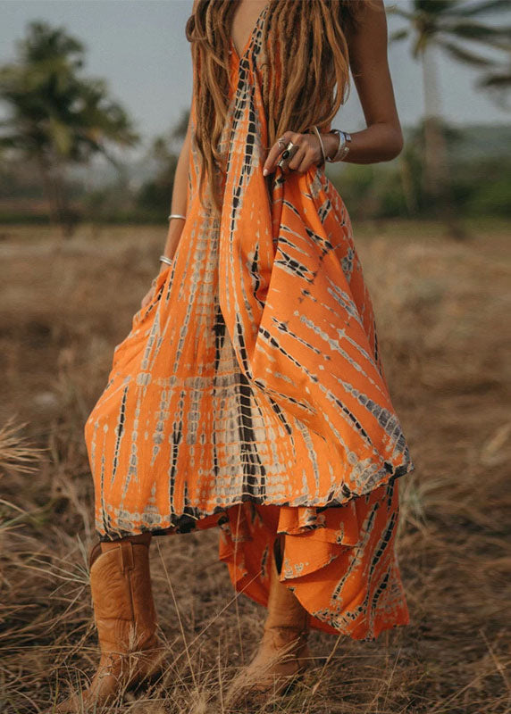 Orange V Neck Print Chiffon Spaghetti Strap Dress Summer