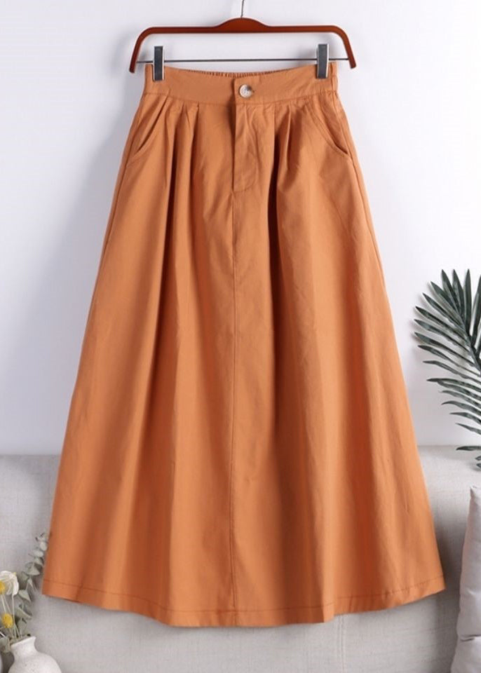 Orange Zippered Button Pockets Elastic Waist a Line Skirt Fall