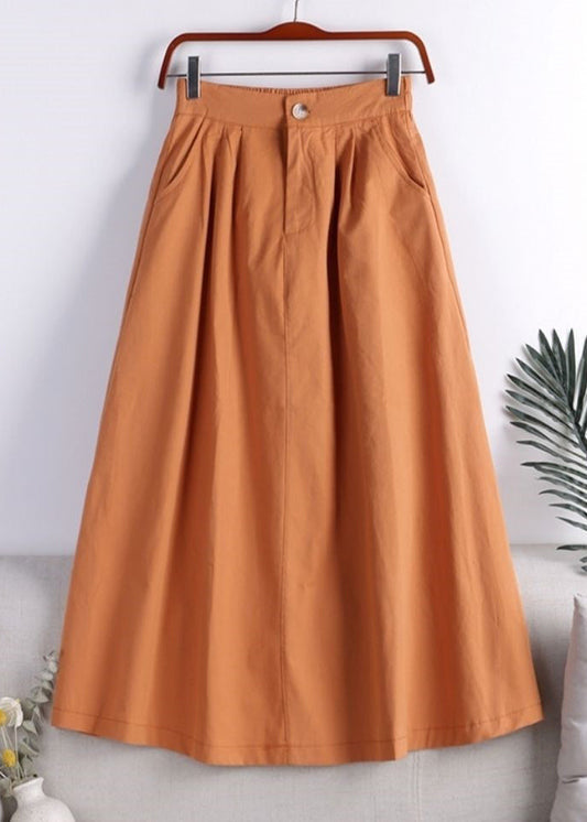 Orange Zippered Button Pockets Elastic Waist a Line Skirt Fall