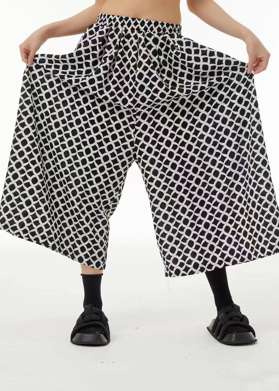 Oversized Elastic Waist Pockets Print Wide Leg Pants Summer