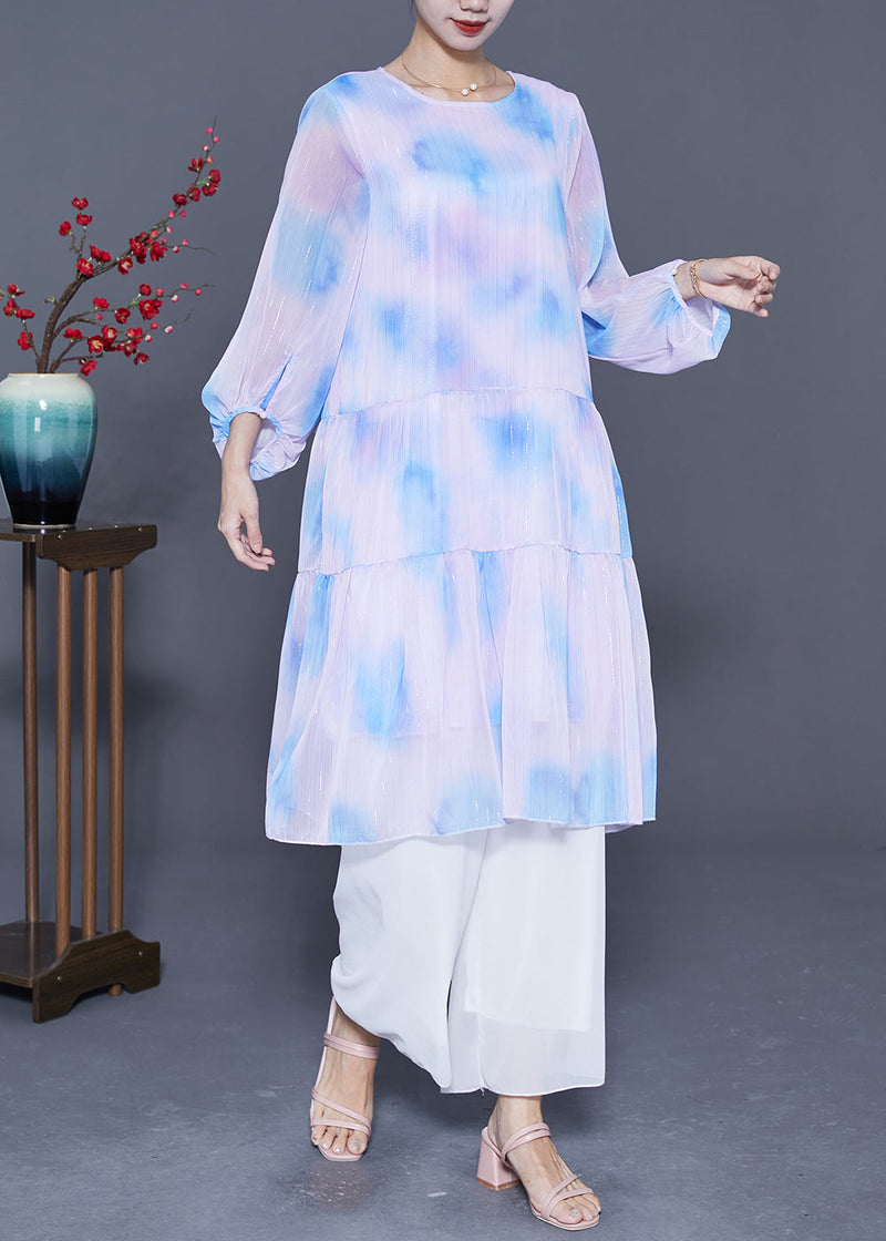 Oversized Patchwork Tie Dye Silk Robe Dresses Lantern Sleeve