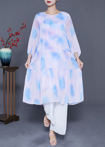 Oversized Patchwork Tie Dye Silk Robe Dresses Lantern Sleeve