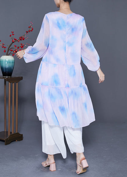 Oversized Patchwork Tie Dye Silk Robe Dresses Lantern Sleeve