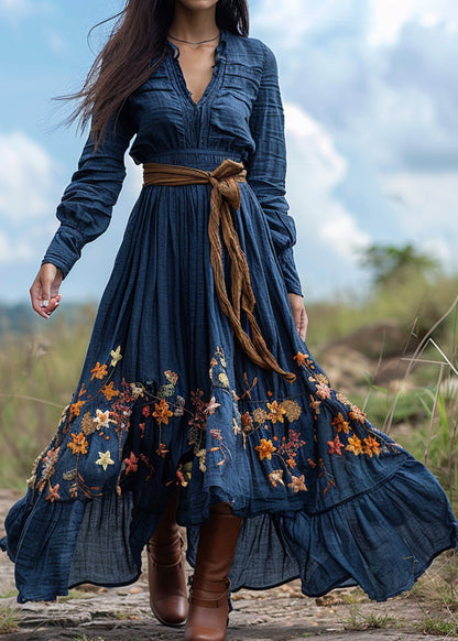 Pastoral Blue Print Wrinkled Patchwork Cotton Ankle Dress Spring