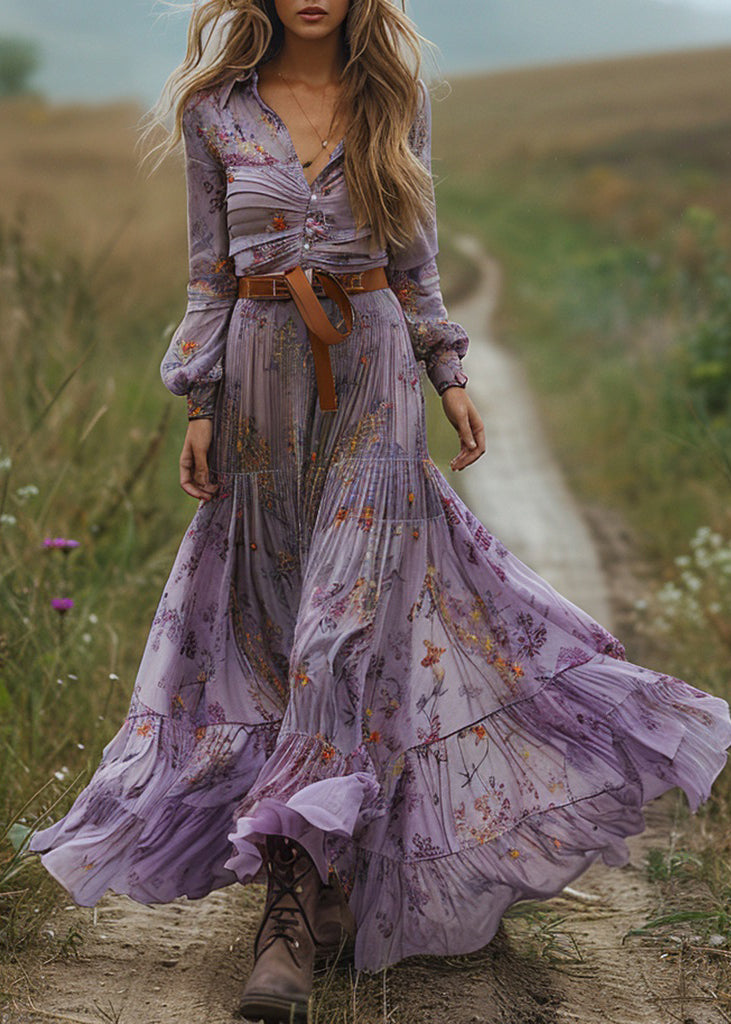 Pastoral Purple V Neck Print Dresses Long Sleeve