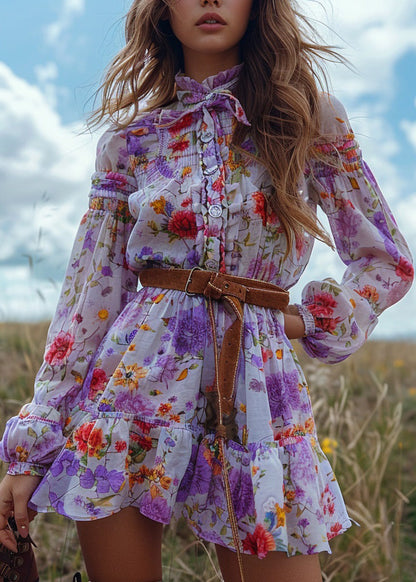 Pastoral Style Ruffled Patchwork Mini Dress Long Sleeved