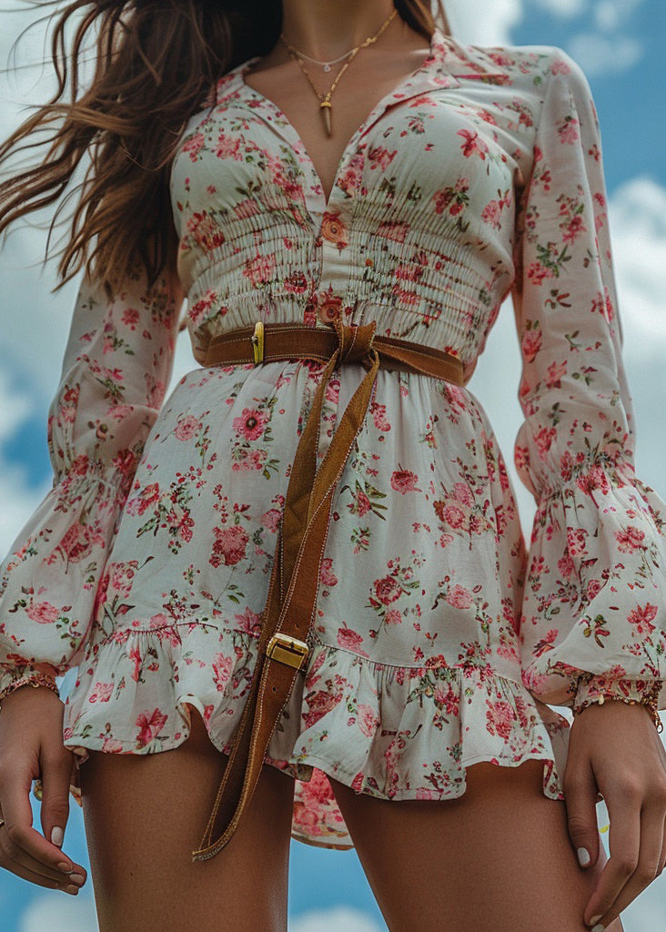 Pastoral Style Ruffled Print Cotton Mini Dress Long Sleeve