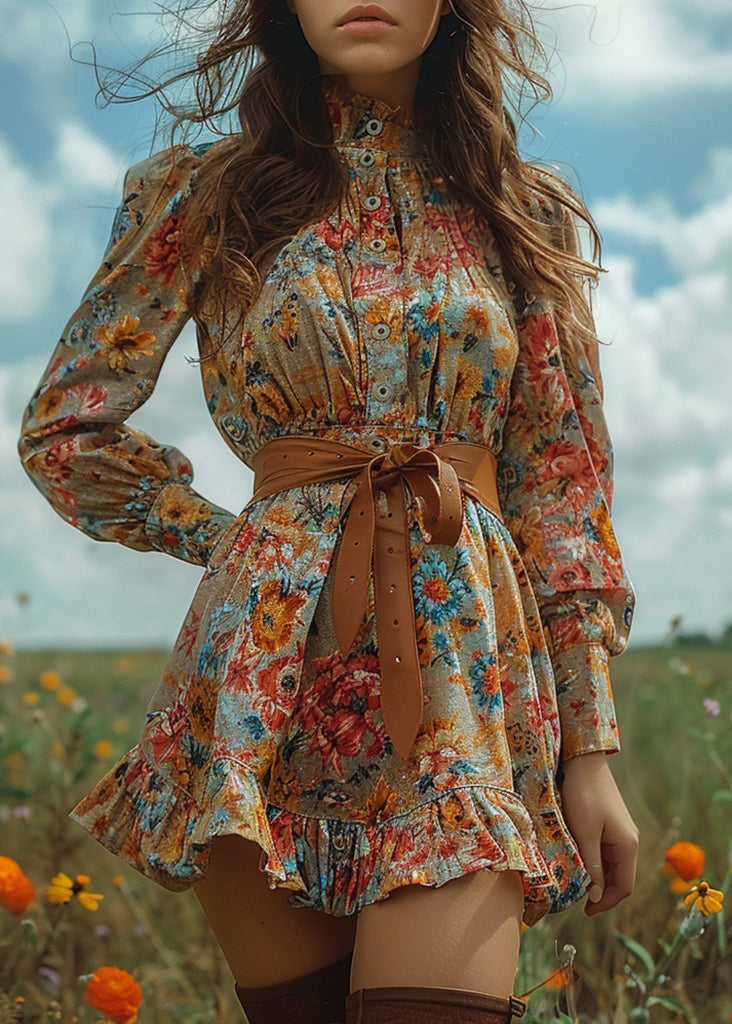 Pastoral Style Ruffled Print Mini Dresses Long Sleeve