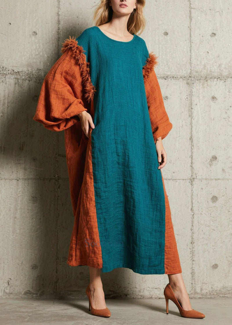 Peacock Blue Oversized Patchwork Faux Fur Holiday Dresses Fall