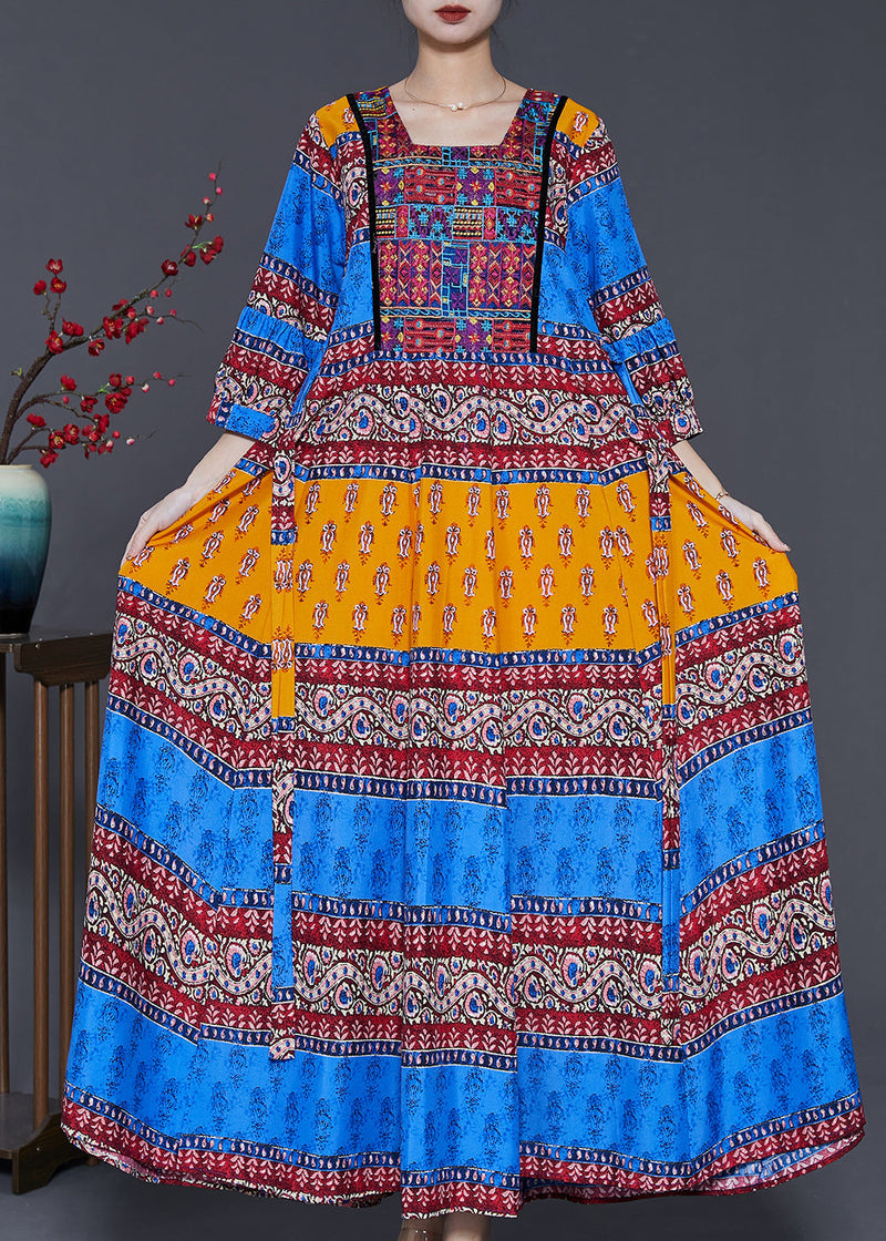 Peacock Blue Print Exra Large Hem Silk Dresses Summer