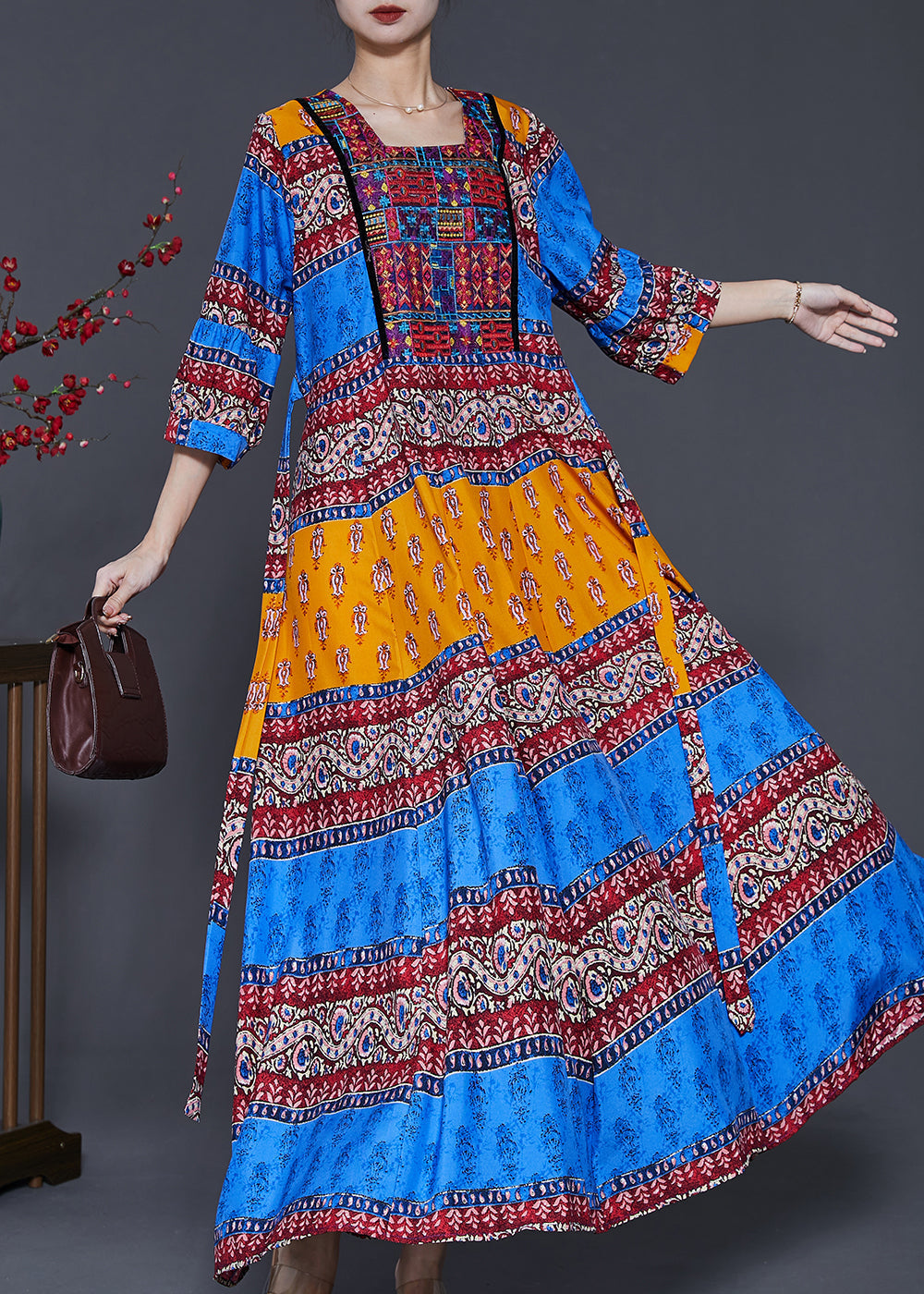 Peacock Blue Print Exra Large Hem Silk Dresses Summer