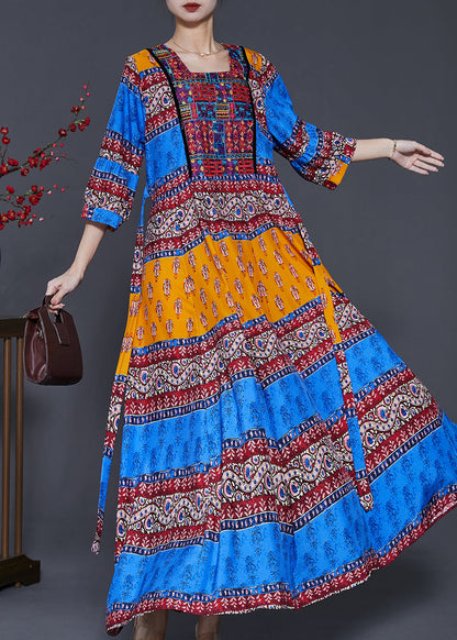 Peacock Blue Print Exra Large Hem Silk Dresses Summer