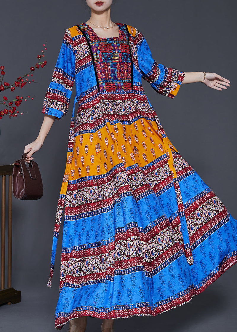 Peacock Blue Print Exra Large Hem Silk Dresses Summer