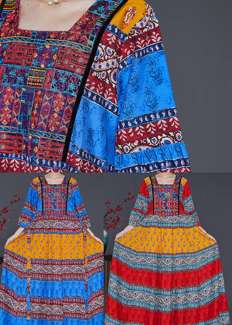 Peacock Blue Print Exra Large Hem Silk Dresses Summer