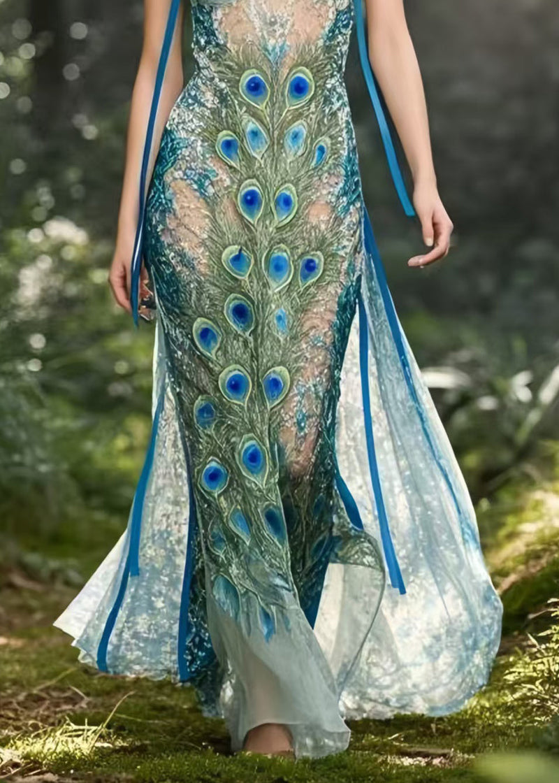 Peacock Blue Print Hollow Out Chiffon Holiday Sundress