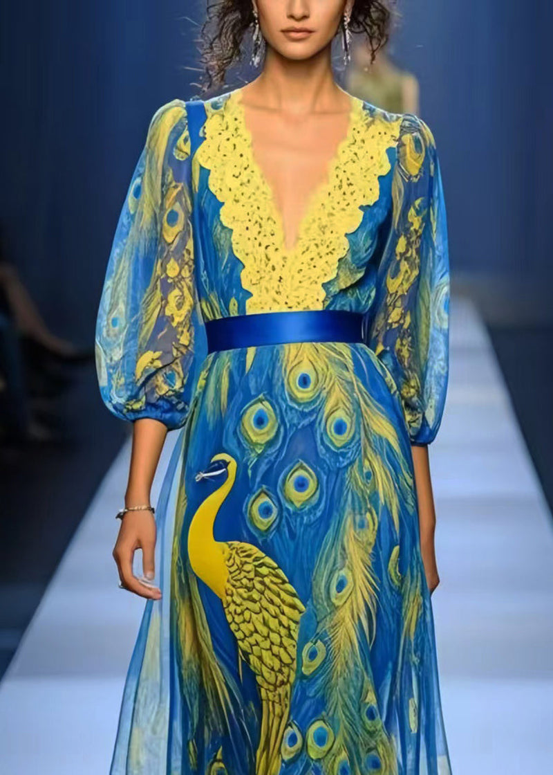 Peacock Blue Print Patchwork Lace Chiffon Dress Summer