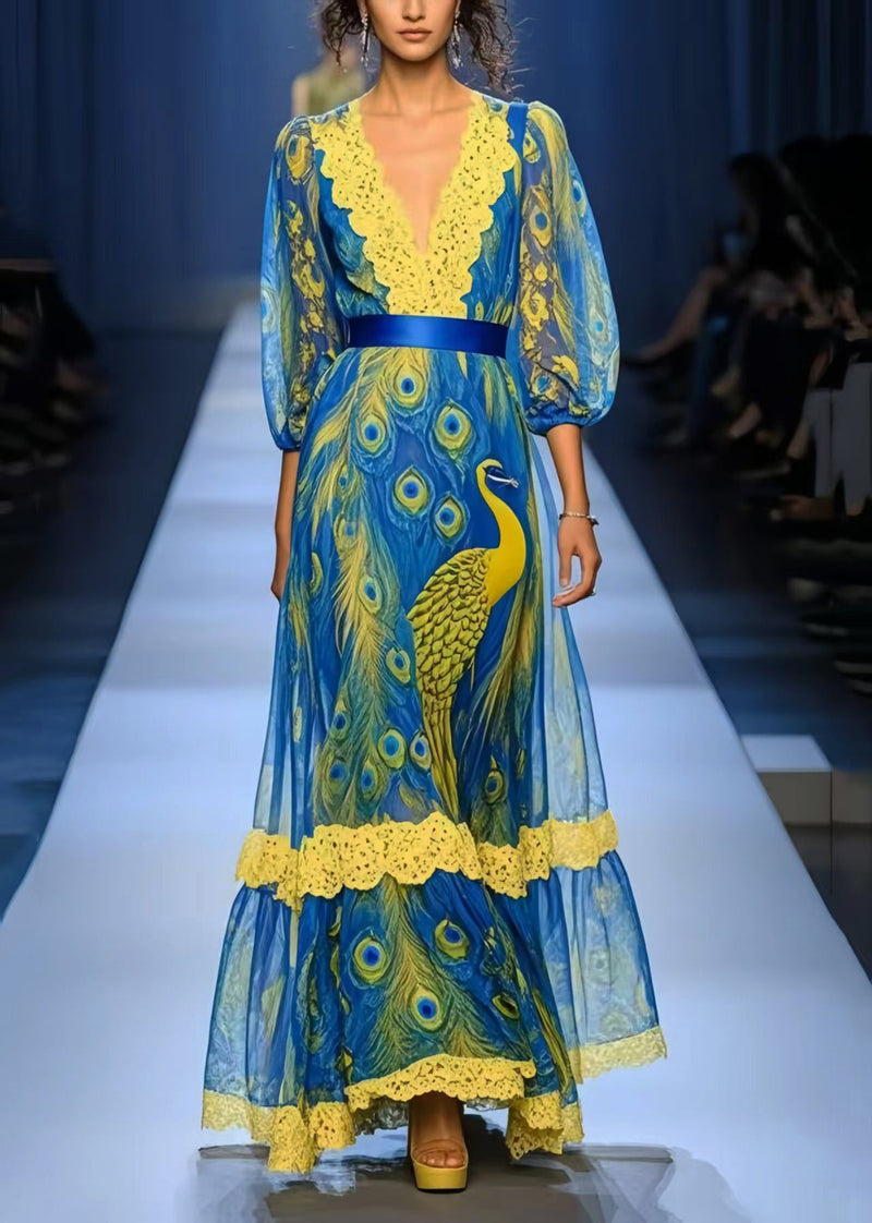 Peacock Blue Print Patchwork Lace Chiffon Dress Summer