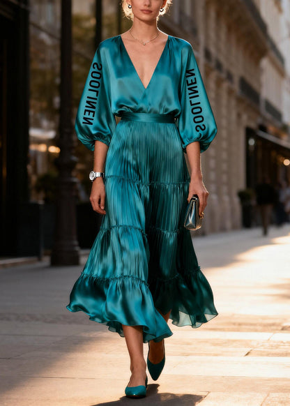 Peacock Blue V Neck Silk Long Dress Lantern Sleeve