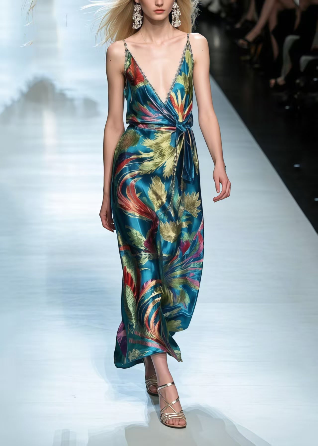 Peacock Green Phoenix Print Silk Cami Dress Summer