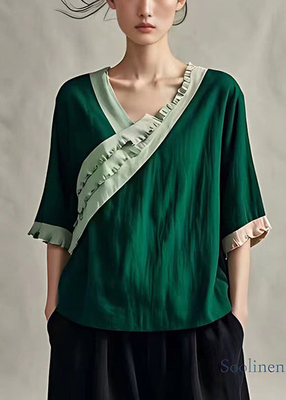 Peacock Green Ruffled Patchwork Linen Blouses Summer