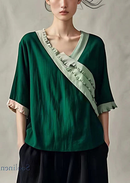 Peacock Green Ruffled Patchwork Linen Blouses Summer