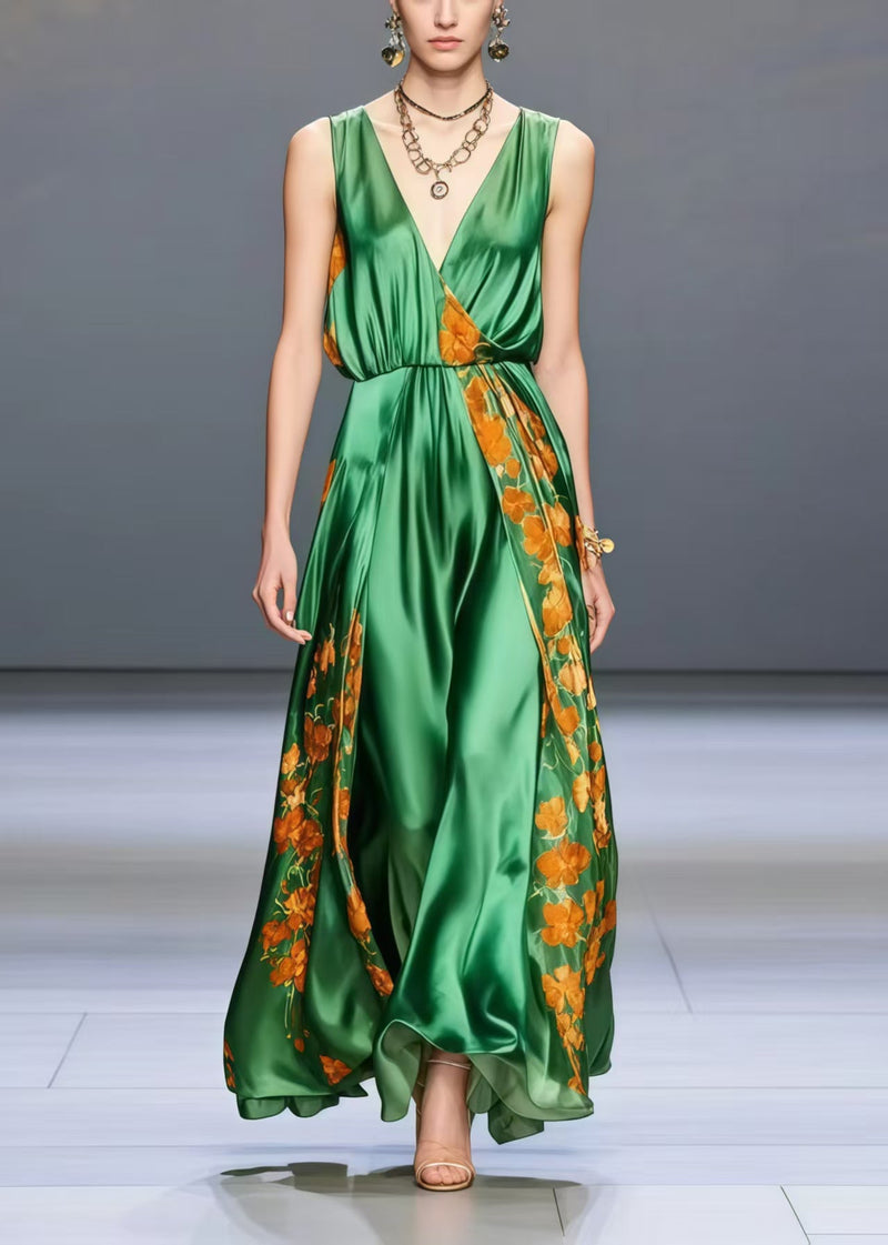 Peacock Green V Neck Print Silk Holiday Dress Sleeveless