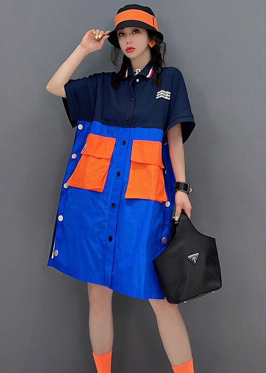 Peter Pan Collar Patchwork Button Pockets Side Open Shirt Short Sleeve