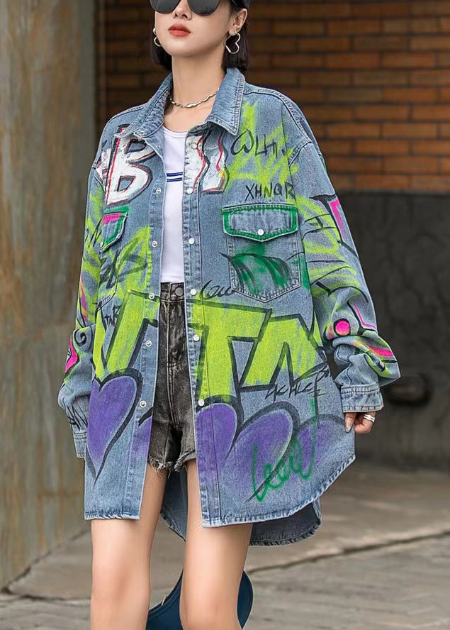 Peter Pan Collar Print Button Denim Coats Long Sleeve
