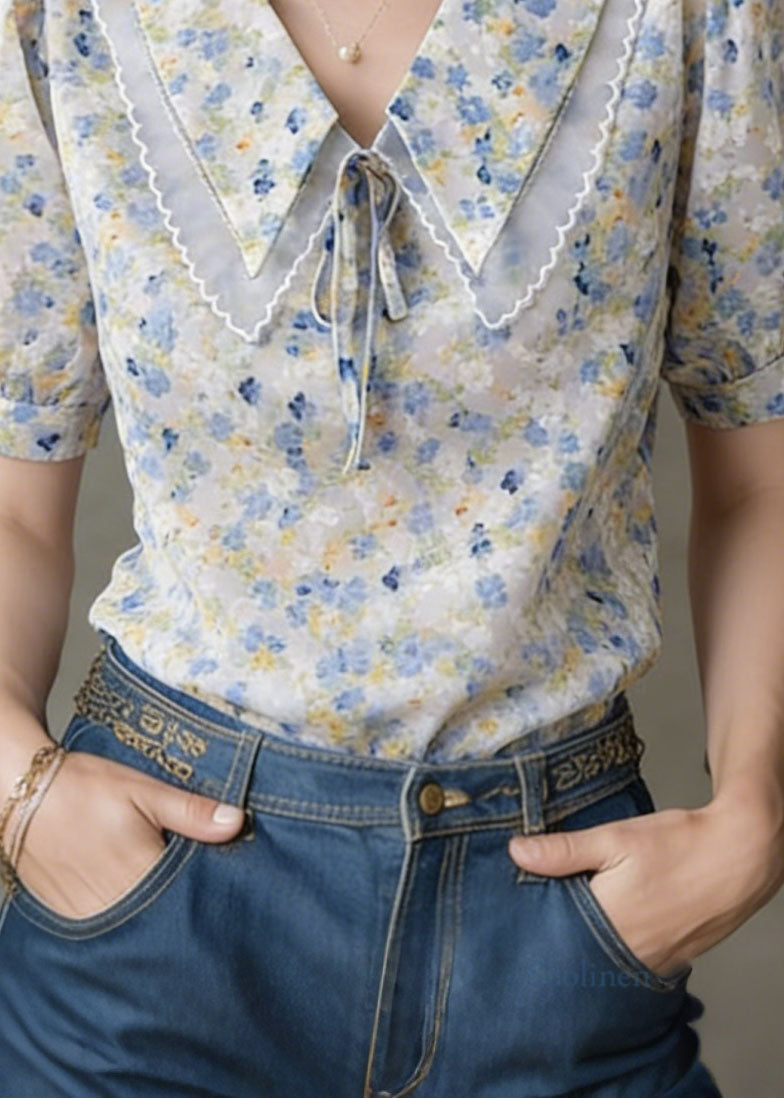 Peter Pan Collar Puff Sleeve Print Tops Summer