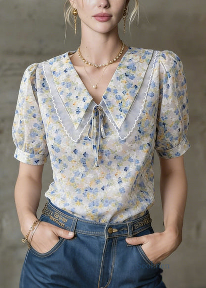 Peter Pan Collar Puff Sleeve Print Tops Summer