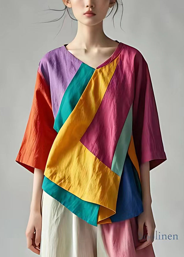 Photo Color V Neck Patchwork Linen Tops Half Sleeve