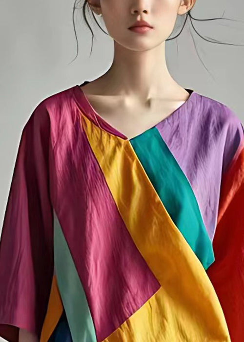 Photo Color V Neck Patchwork Linen Tops Half Sleeve