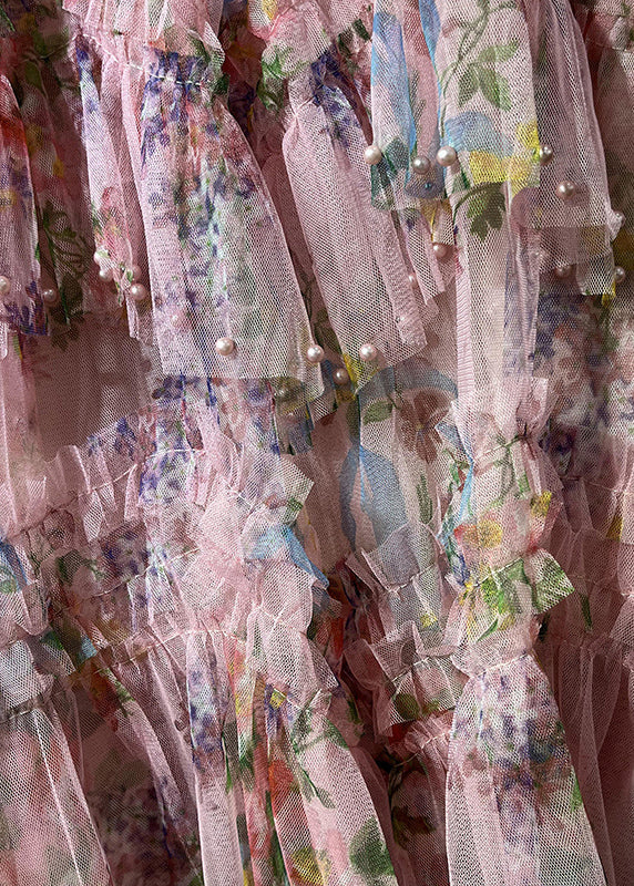 Pink Asymmetrical Print Nail Bead Tulle a Line Skirt Spring