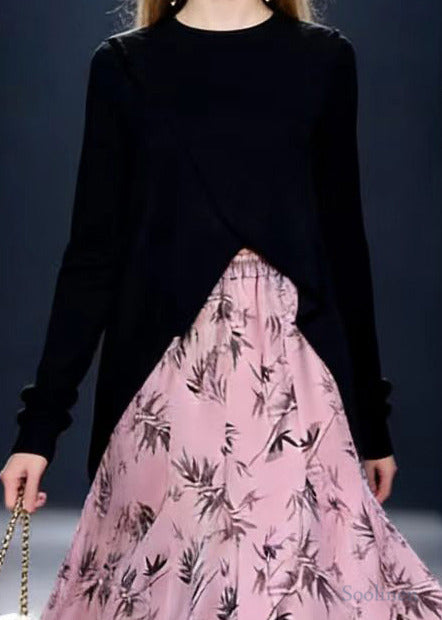 Pink Bamboo Leaf Print Exra Large Hem Satin Skirt Spring
