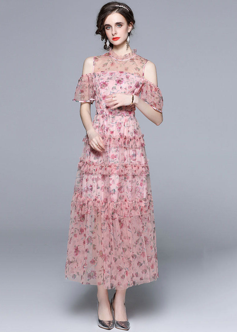 Pink Cold Shoulder Print Ruffled Chiffon Long Dresses Summer