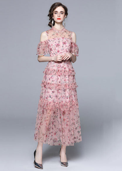 Pink Cold Shoulder Print Ruffled Chiffon Long Dresses Summer