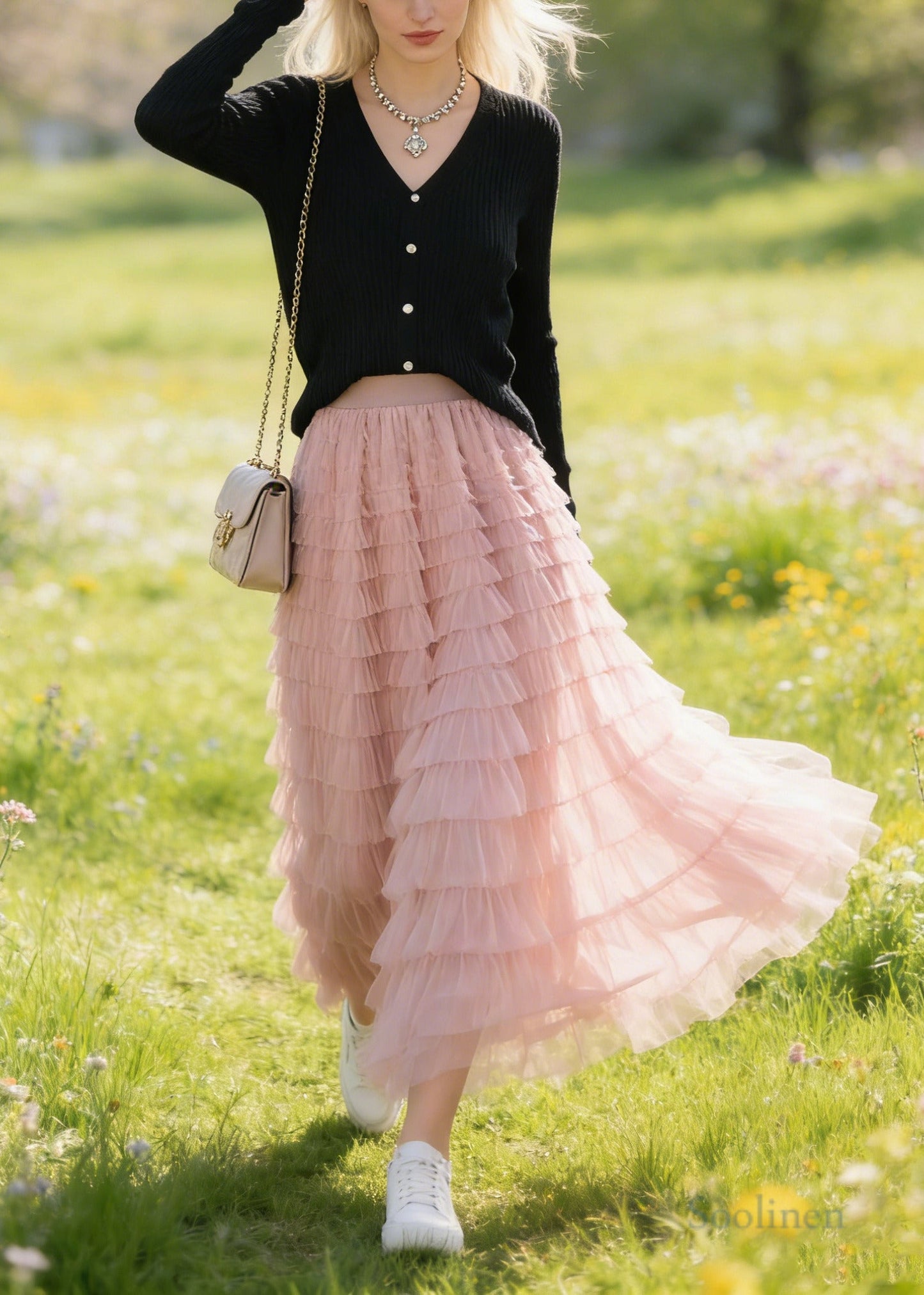 Pink Elastic Waist Multi-layer Tulle a Line Skirt Spring