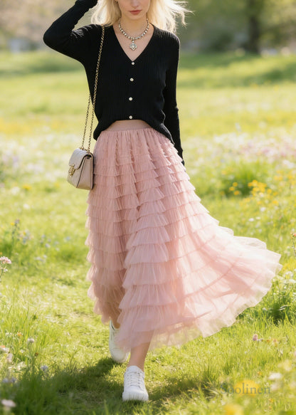 Pink Elastic Waist Multi-layer Tulle a Line Skirt Spring